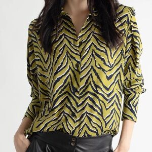 Meg Animal Print Button Down Blouse Green Yellow